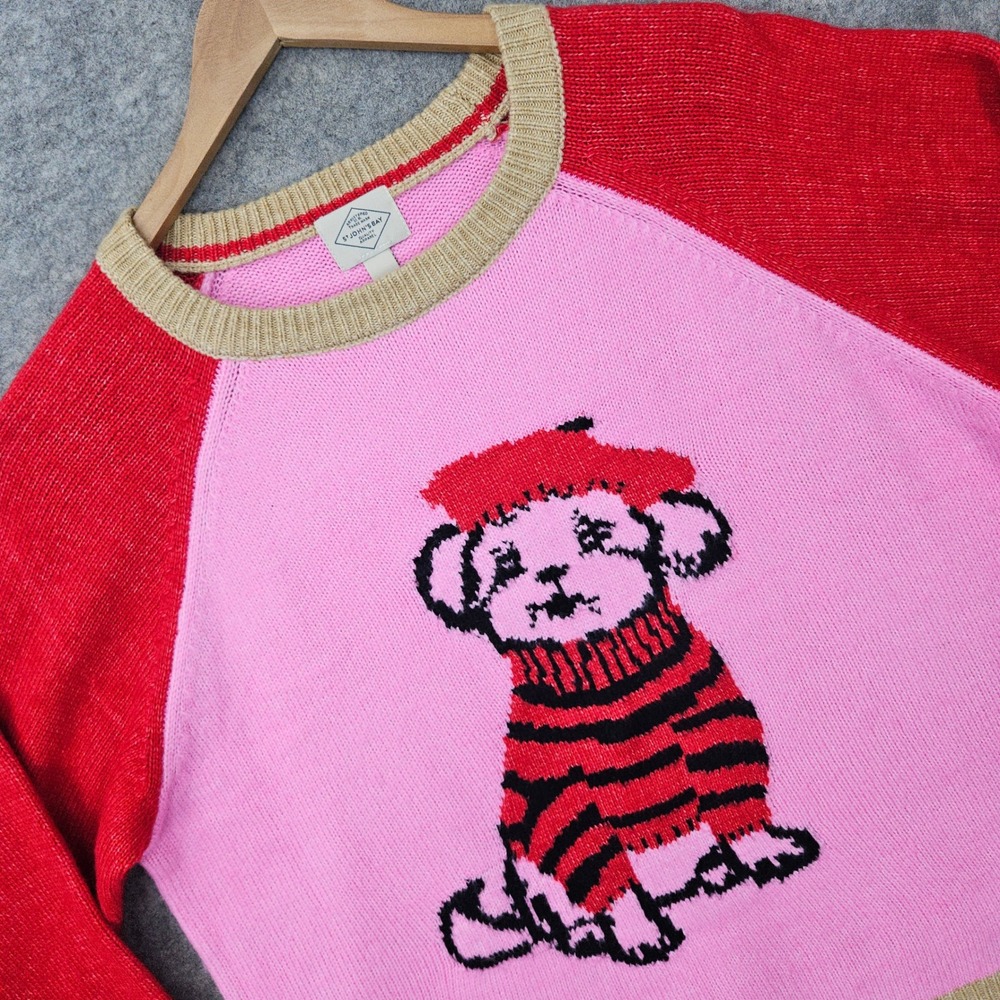 NEW St John's Bay Dog Print Sweater Womens XL Pink Red Beret Puppy Knit Pullover